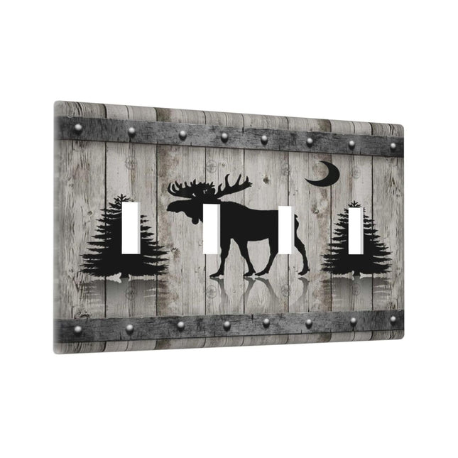 Rustic Deer Moose Forest Tree on Wood Plank Quad Toggle Light Switch Covers Decorative Unique 4 Gang Wall Plate Electrical Faceplate Switchplate for Farmhouse Kitchen Bedroom Bathroom Decor