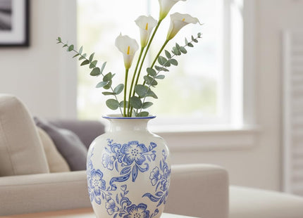 Wancetang Blue and White Chinoiserie Vase for Home Decor- 7 Inch Ceramic Floral Vase for Pampas Grass, Night Stand, Coastal, Kitchen Island, Dining Table Decor