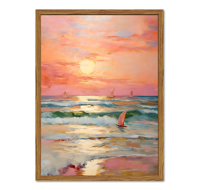 Framed Pink Coastal Canvas Wall Art, Beach Sunset Sailboat Pictures Wall Decor, Pastel Ocean Landscape Paintings Prints Beachy Home Decor for Living Room Bedroom Bathroom Dorm 16x24 inch