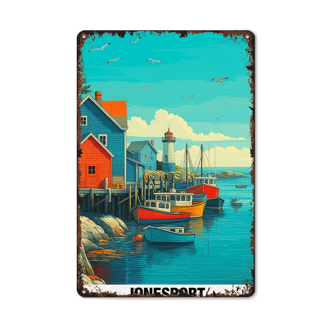 KERUNSM Jonesport Fishing Village, Maine Funny Poster Sign 8x12 Inch Vintage Aluminum Metal Tin Signs-For Living Bathroom Room Kitchen Bedroom Patio Wall Decor