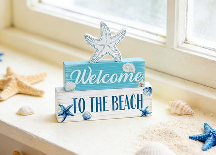Beach Decorations for Home, MEETYAMOR 3-Layered Starfish Seashell Coastal Wood Block Beach Decor, TO THE BEACH Sign Ocean Decor for the Home, Table, Mantel