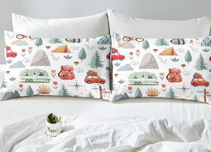 Kids Camper Car Bed Sheets Set King 4Pcs, Happy Camping Sheet Set, Travel Car Rv Accessories Sheets, Woodland Flowers Blossom Mountain Adventure Bed Set, Cute Camper Flat Fitted Sheet Bedroom Decor