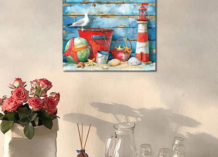 Seaside Bucket Paint by Number for Adults Beginner,Gull Starfish Shells Paint by Numbers on Canvas,Lighthouse Model Paint by Numbers Kits Suitable for Home Wall Decor Without Frame 16x20 Inch