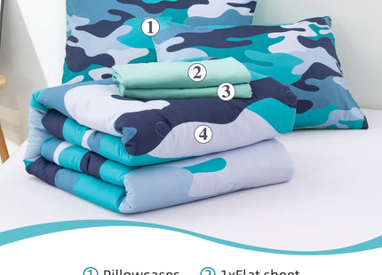Holawakaka Full Size Camouflage Bedding Comforter Set with Sheets, Boys Girls Men Camo Bed in A Bag 5 Pieces,Kids Teens Dorm Bed Sets Neutral Farmhouse Lodge Cabin Army Bedspread (Aqua, Full)