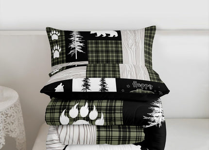 Woodland Bedding Set Hunting Bear Wolf Green Buffalo Plaid Patchwork Comforter Set King Rustic Cabin Decor,Girls Boys Wildlife Animals Down Comforter for RV Camper,Footprint Pine Tree Duvet Insert
