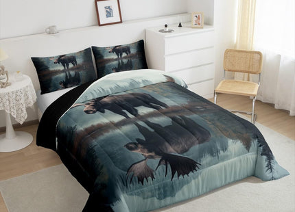 Castle Fairy Lodge Cabin Bedding Sets Twin Size 2 Pcs 3D Moose Jungle Wild Animal Comforter Set for Kids Teens Adults Natural Pine Trees Scenery Rustic Style Comforter Duvet Set with 1 Pillowcase
