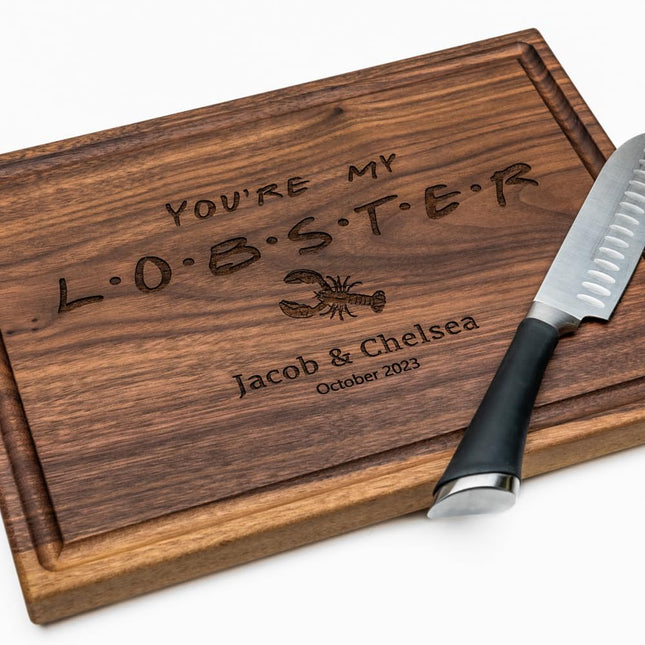 Personalized Cutting Board, Custom Wedding, Anniversary or Housewarming Gift Idea, Wood Engraved Charcuterie, for Couples, Family and Clients (FRIENDS Themed Lobster 087)