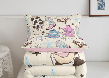 Erosebridal Cute Coastal Cowgirl Full Comforter Set,Pink Cowgirl Boots Hats Bedding Sets for Girls Kids,Blue Seashell Starfish Quilt Bed Set,Ocean Beach Room Decor with 2 Pillowcases