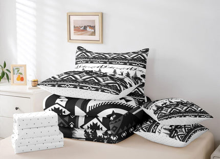 Feelyou Western Comforter Set Twin Size 7 Pieces Southwestern Aztec Bedding Set for Kids Boys Bear Bed in a Bag with Comforter, Sheets, Pillowcases, Cushion Covers Deer MooseWild Animals GreyQuilted