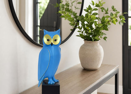 Lodkksg Blue Resin Owl Statue – Mid-Century Modern Owl Sculpture – Retro Owl Art Piece – Freestanding Modern Abstract Home Decor for Living Room, Bookshelf, and Mantel – 15.7-Inch Resin Owl Sculpture