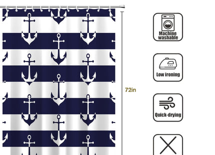 DLRIUAZEP Nautical Anchor Shower Curtain, Navy Blue and White Striped, Bathroom Decor Waterproof Fabric Shower Curtains Sets with 12 Hooks 72x72 Inch