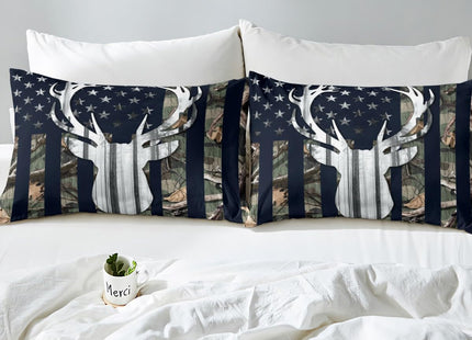 Rustic Deer Boys Bedding Set Queen Size,Deer Antlers Wild Animal Hunting Comforter Set,Army Green Camo Comforter Stars Stripes USA Flag Quilt with 2 Pillowcases, Camping Theme RV Cabin Lodge Decor