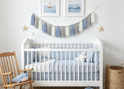 DrCor Coastal Blue White Tassel Garland – Boho Decor