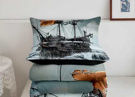 Sailboat Bedding Set Nautical Down Comforter Sailing Ship Comforter Set for Kids Boys Girls Wooden Boat Pirate Yacht Adventure Theme Quilt Set Bedroom Decor with 1 Comforter and 2 Pillow Cases Queen