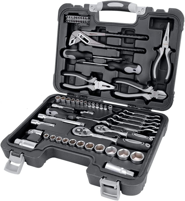 Amazon Basics 65-Piece General Household Home Repair and Mechanic's Hand Tool Kit Set with Storage Case, Portable, Non-Slip Handles, Black
