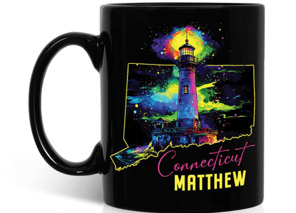 Connecticut Souvenir Coffee Mug With Custom Name, Personalized State Outline Black Cup, Colorful Lighthouse Design Mug, Customized Scenic Ceramic Cup 11oz 15oz, Gift For Travelers