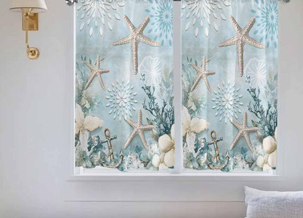Teal Ocean Coastal Kitchen Curtains 54 Inches length, Summer Beach Window Treatment Curtain Drapes, Nautical Coral Starfish Thermal Insulated Drapes for Basement Hotel RV, 42"x54", 2 Panels