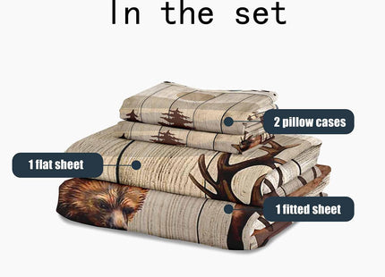 LUVIVIHOME 4PCS Brown Bear Sheets Set, Queen Bed Sheets, Deer Bedding, Moose Elk Woodland Animal Wildlife Hunting Lodge Rustic Cabin Farmhouse Bedding, 1 Fitted Sheet & 1 Flat Sheet with 2 Pillowcases