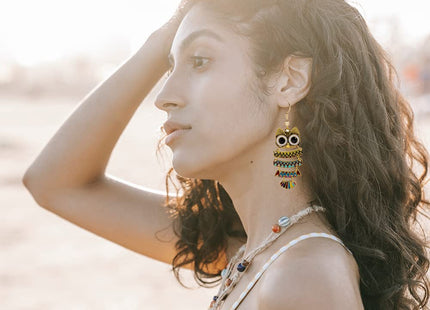 Boho Vintage Owl Drop Earrings, Cute Animal Dangle Earrings With Enamel Owl Hooks - Women's Jewelry