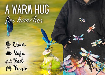 Huglanket Dragonfly Gifts for Women, Wearable Flannel Dragonfly Blanket Hoodie, Super Soft Warm Cozy with Giant Pocket - One Size Fits Most