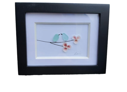 Mini Seaglass Birds on a branch with tiny pink shell flowers. Authentic Seaglass, Made in Maine, Small frame with glass. 3 1/2 by 4 inch framed art Sea Glass with pink shells