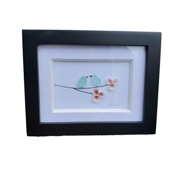 Mini Seaglass Birds on a branch with tiny pink shell flowers. Authentic Seaglass, Made in Maine, Small frame with glass. 3 1/2 by 4 inch framed art Sea Glass with pink shells