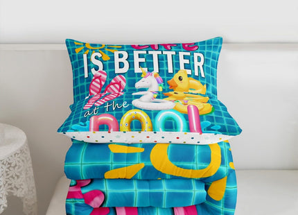 Castle Fairy Summer Cool Comforter Set,Swimming Pool Bedding Set for Kids Girls Women,Adults Beach Vacation Comforter,Flip-Flops Quilted Duvet Set Bedroom Collection Twin Size 2Pcs
