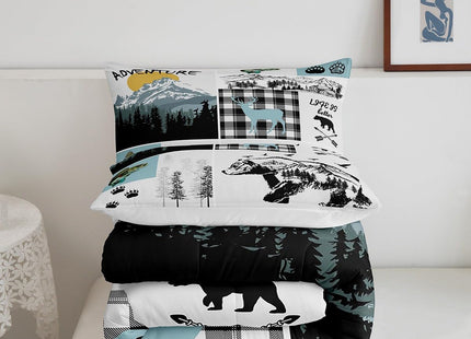 Cabin Bear Deer Bedding Sets Queen,Hunting Fishing Bass Fish Comforter Set Rustic Farmhouse Buffalo Check Plaid Quilt Comforter For Teen Boys Adults Men,Wild Animal Duvet 2 Pillow Cases Grey Blue