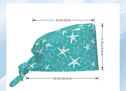 Summer Beach Coastal Sea Star Shells Starfish Blue Background Working Cap Scrub Cap with Sweatband Adjustable Unisex Women Tie Back Hat Nurse Surgical Caps