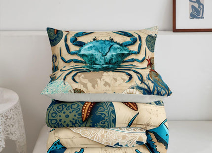 Sea Beach Theme Comforter Set Kids Beach Crabs Print Queen Bedding 3D Sea Animal Crab Luxury Microfiber Quilted Duvet Set with 2 Pillowcases,Soft Lightweight Marine Life Decorative Bedding Soft Fluffy
