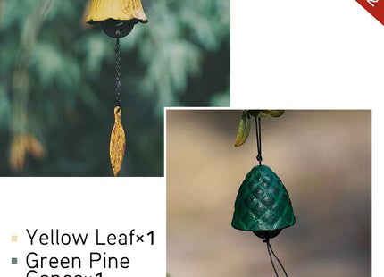 Oavand Set of 2, Japanese Traditional Lucky Small Wind Chimes for Outside, Iwachu Cast Iron Bless Temple Wind Bell Memorial Wind Chimes Indoor Garden Bell, Patio, Balcony ((Yellow Leaf and Pinecone)