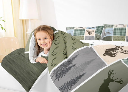 Feelyou Rustic Cabin Deer Bedding Set Twin Size Kids Hunting Country Farmhouse Comforter Cover for Boys Girls Teens Wild Animal Duvet Cover Deep Green Quilt Set Breathable Soft Lightweight Microfiber
