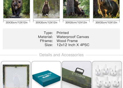 OTOSTAR 4 Pieces Wall Art Canvas Prints - Forest and Bear Picture Painting - Modern Wall Artwork Framed for Gifts Bathroom Home Kitchen Office Decor - 12 x 12 Inch