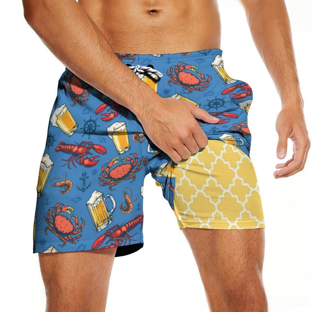 Qoekrfu Lobster Crawfish Mens Swim Trunks with Compression Liner 5 inch