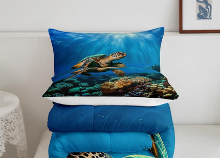 Erosebridal Sea Turtle Comforter Set, Tortoise Print Bedding Set, Reptile Nautical Duvet Set, Underwater World Oasis Ocean Animal Soft Lightweight Quilt Set Twin Size, for Kid Boys Girls Adult, Blue