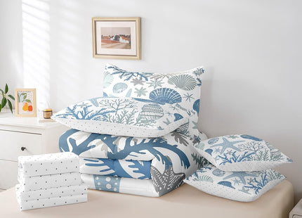 Erosebridal Nautical Coastal Bed in a Bag Queen Comforter Set 7 Piece,Blue Ocean Beach Bedding Set Seashell Starfish Sheet Sets with Comforter Conch Shell Coral Bed Set,Plain White Blue Room Decor
