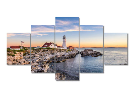 Portland Maine Bay Lighthouse Pictures for Living Room Native American Wall Art House Decorations 5 Panel Canvas, Morning Skyline Painting Home Decor Modern Artwork Framed Ready to Hang(60"Wx32"H)