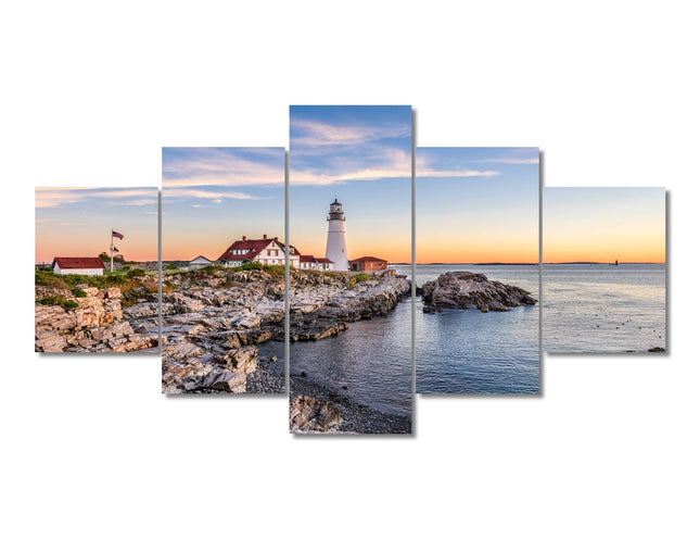 Portland Maine Bay Lighthouse Pictures for Living Room Native American Wall Art House Decorations 5 Panel Canvas, Morning Skyline Painting Home Decor Modern Artwork Framed Ready to Hang(60"Wx32"H)
