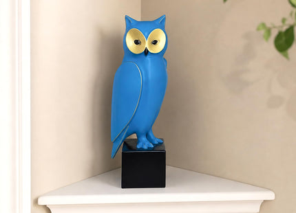 Lodkksg Blue Resin Owl Statue – Mid-Century Modern Owl Sculpture – Retro Owl Art Piece – Freestanding Modern Abstract Home Decor for Living Room, Bookshelf, and Mantel – 15.7-Inch Resin Owl Sculpture