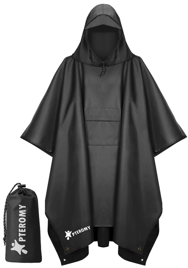 PTEROMY 3-in-1 Hooded Rain Poncho for Adult with Pocket, Waterproof Lightweight Unisex Raincoat for Hiking Camping Emergency (Black)