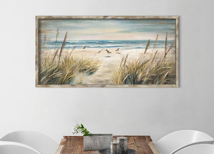 Beach Framed Wooden Wall Art: Ocean Seagull Painting Coastal Sea Bird Scenery Print Picture Rustic Seaside Seascape Artwork Decor for Bedroom Living Room Office