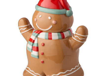 Christmas Whimsy Gingerbread 3-D Cookie Jar – Holiday Ceramic Treat Jar with Smiling Gingerbread Wearing Red Hat & Scarf – Airtight Storage for Cookies, Candies & Festive Kitchen Decor