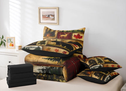 Erosebridal Rustic Farmhouse Comforter Set 7 Pcs Twin,Retro Cabin Lodge Down Comforter,Hunting Bear Deer Bed in a Bag,Country Maple Leaves Duvet Insert,Rustic Woodland Pine Tree Sheets,Red Brown