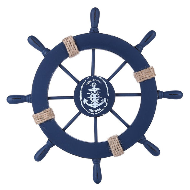 Wooden Ship Wheel Wall Decor 11" Navy Blue Nautical Anchor Beach Bathroom
