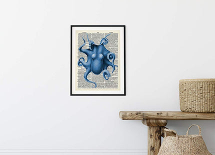 Blue Octopus Wall Art Print - 8x10 Vintage Dictionary Page, Unframed
