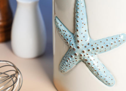 Bicuzat Ceramic Starfish Embossed Utensil Holder, Large Cooking Utensil Crocks for Countertop, Ocean Style Utensil Organizer for Spatula