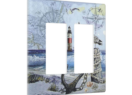 Spshian Outlet Covers Sea Ocean Sand Coast Compass Ship Lighthouse Anchor 2 Gang Wall Plate Double Rocker Light Switch Cover Decorative GFCI Receptacle Cover Electrical Switchplate for Bathroom Decor