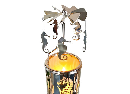 Qtnuerm Metal Rotary Candle Holder Spinning Windmill Tea Light Carousel Decor for Home & Gifts (Silver Seahorse)