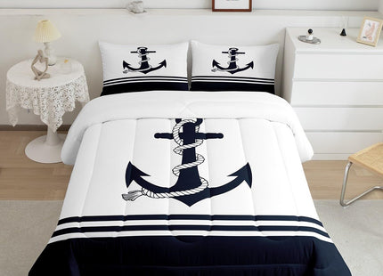 Castle Fairy Nautical Anchor Comforter Set King Size,Ocean Themed Anchor Print Bedding Set All Season Quilt Set,Stripes Geometric Navy White Microfiber Polyester Down Comforter