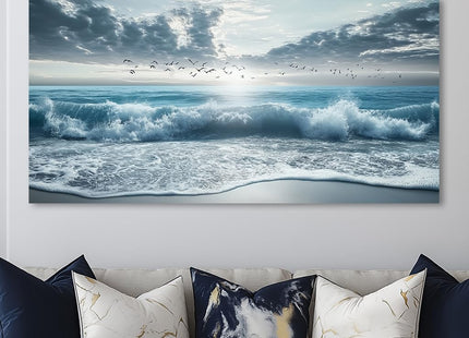 ZOMNAI Blue Ocean Beach Wall Art for Living Room Office Coastal Waves Canvas Painting Prints Art Deco Artwork Boys Bedroom Decor (20x40 Inches)